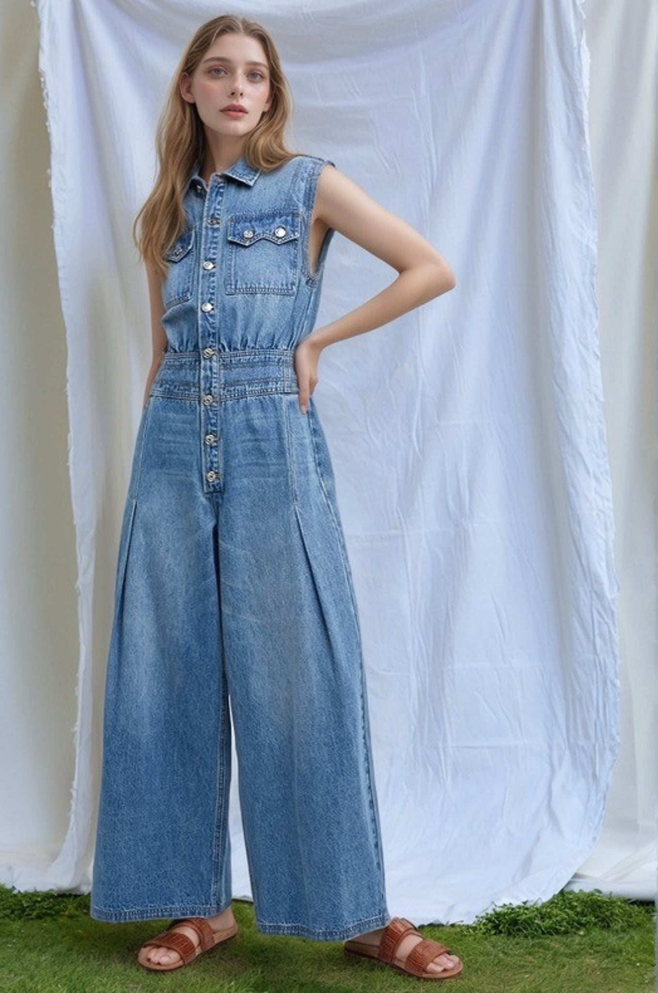 Jumpsuit de denim sin mangas con estilo de camisa image 0