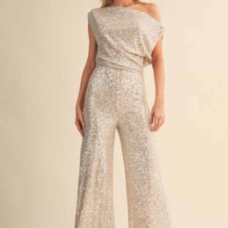 Jumpsuit de pierna ancha con lentejuelas y hombros descubiertos